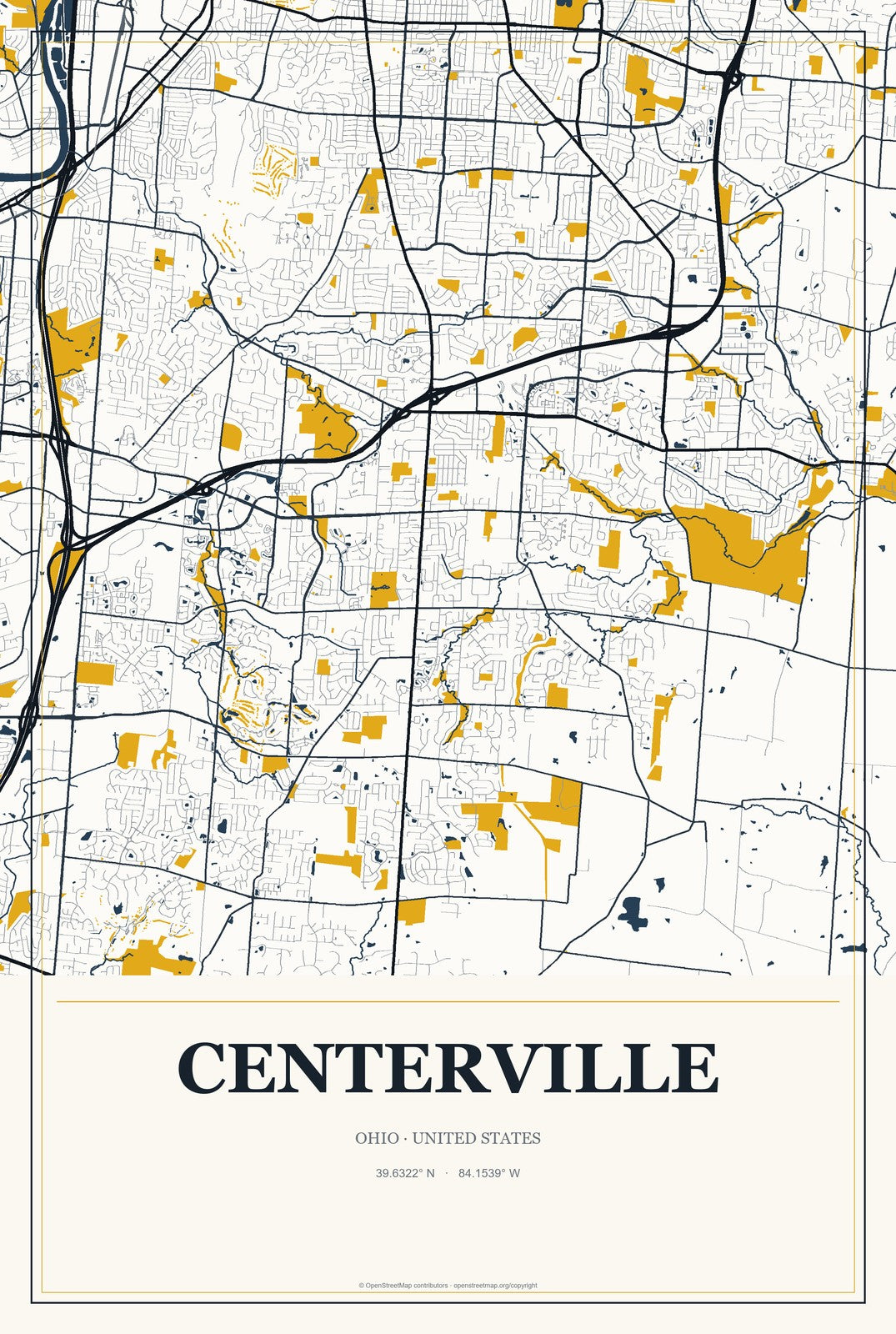 Centerville, Ohio City Map Aluminum Sign in Citrine Modern style