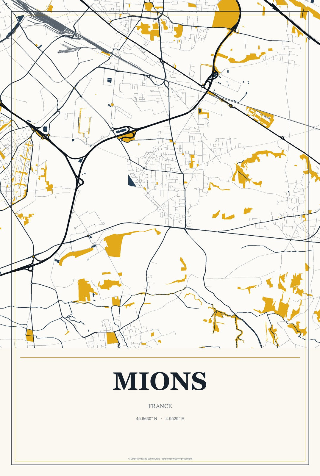 Mions, France City Map Aluminum Sign in Citrine Modern style