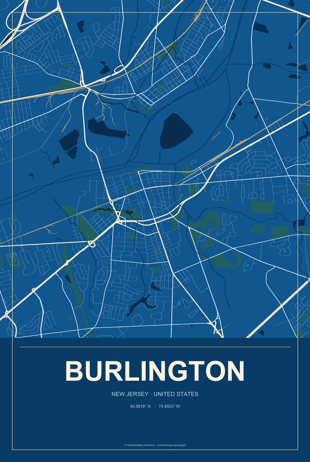 Burlington, New Jersey City Map Aluminum Sign in Harbor Cobalt style