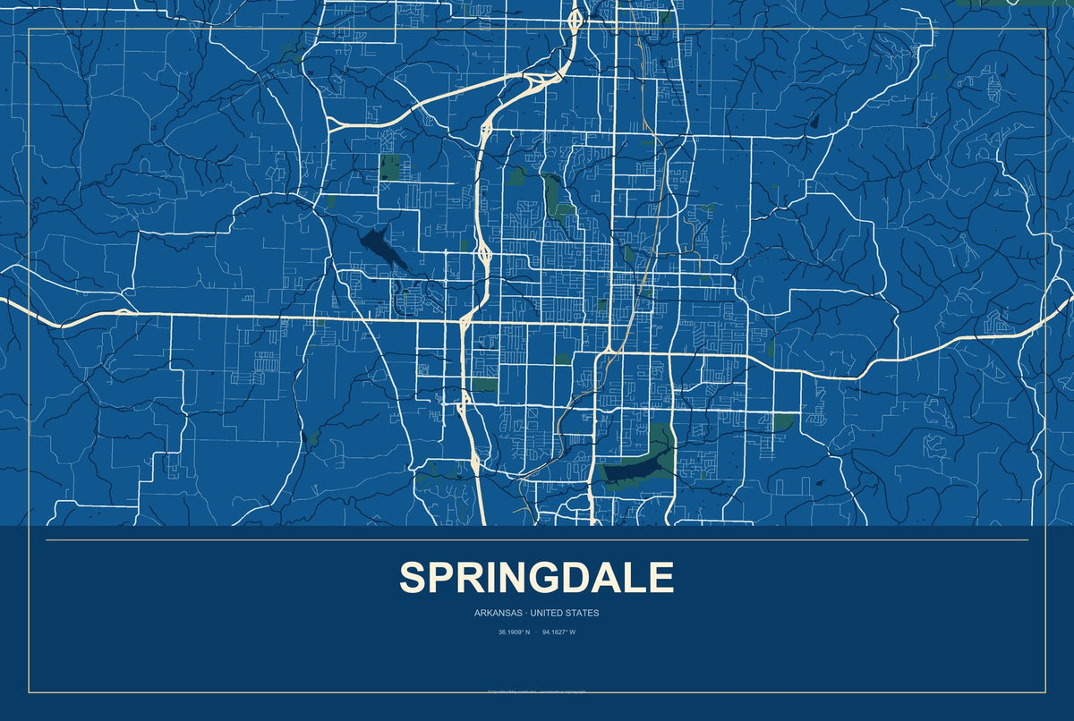 Springdale, Arkansas City Map Aluminum Sign in Harbor Cobalt style