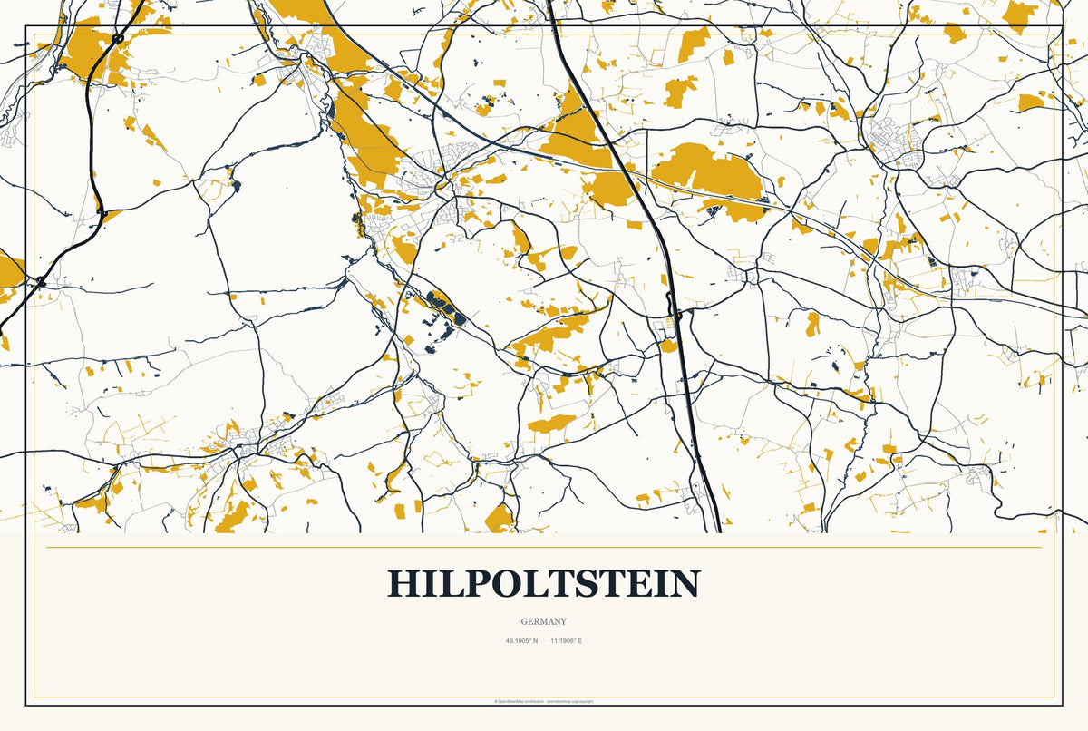 Hilpoltstein, Germany City Map Aluminum Sign in Citrine Modern style