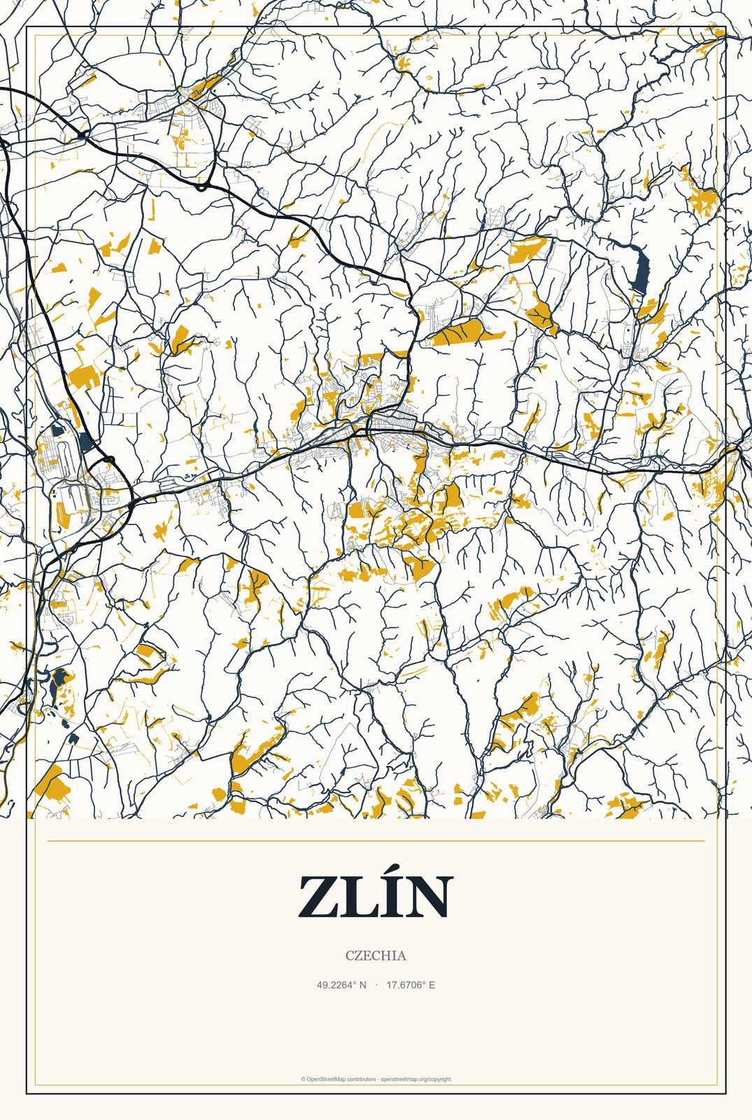 Zlín, Czechia City Map Aluminum Sign in Citrine Modern style