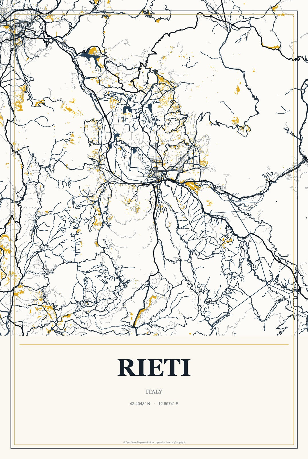 Rieti, Italy City Map Aluminum Sign in Citrine Modern style