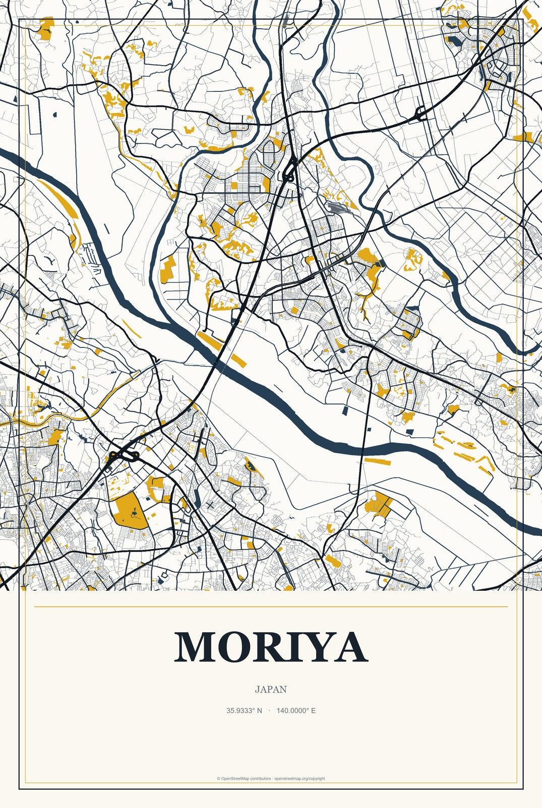 Moriya, Japan City Map Aluminum Sign in Citrine Modern style