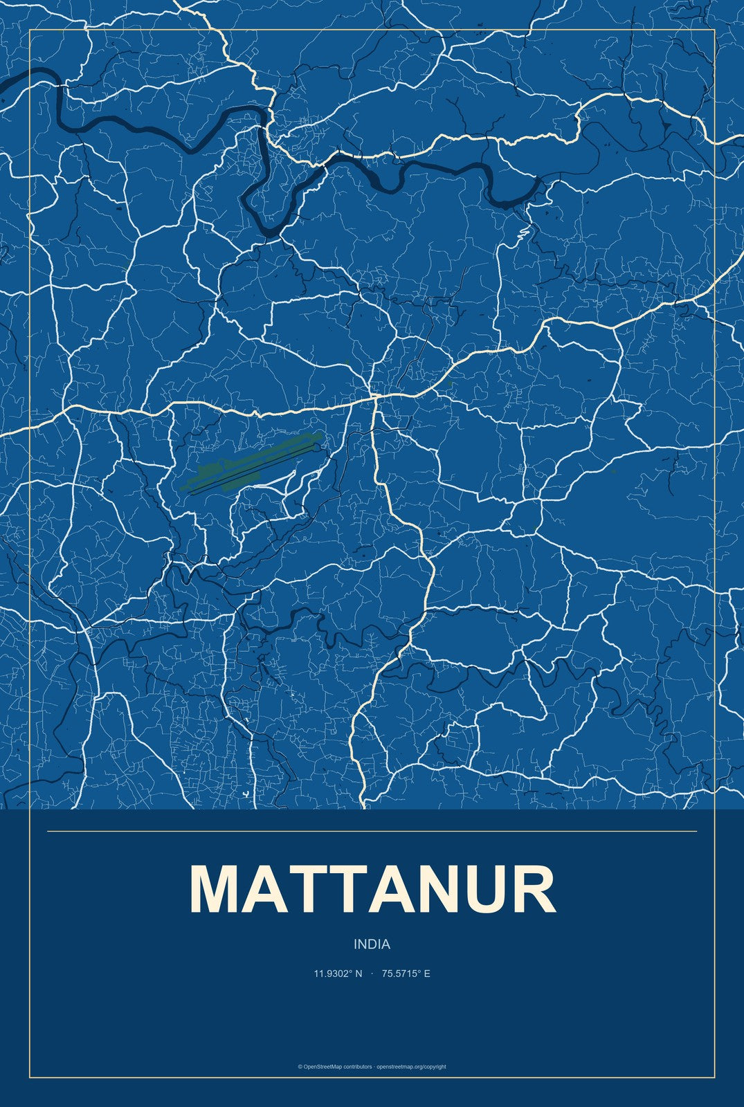 Mattanur, India City Map Aluminum Sign in Harbor Cobalt style