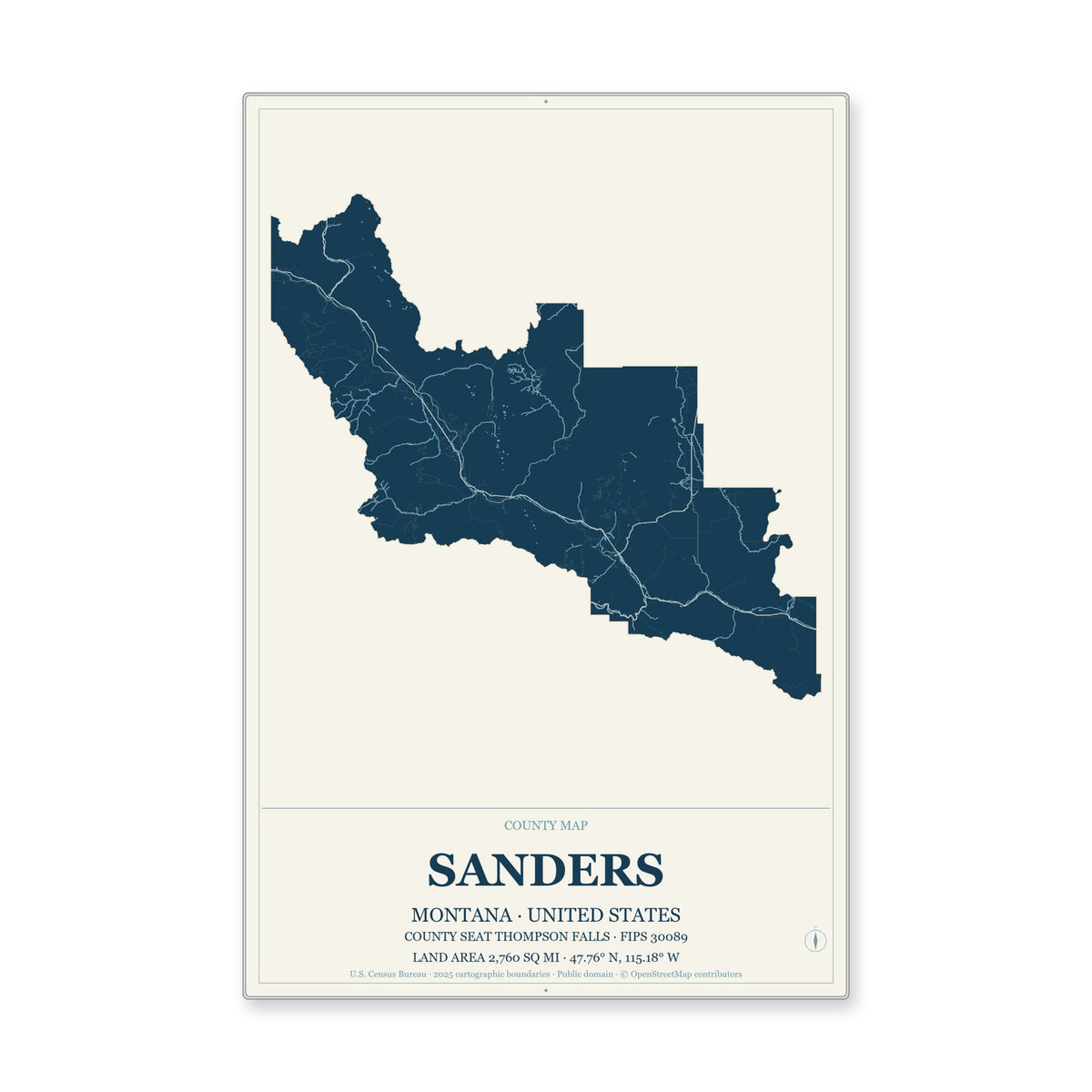 Sanders County, Montana Map Aluminum Sign in Coastal Cutout style