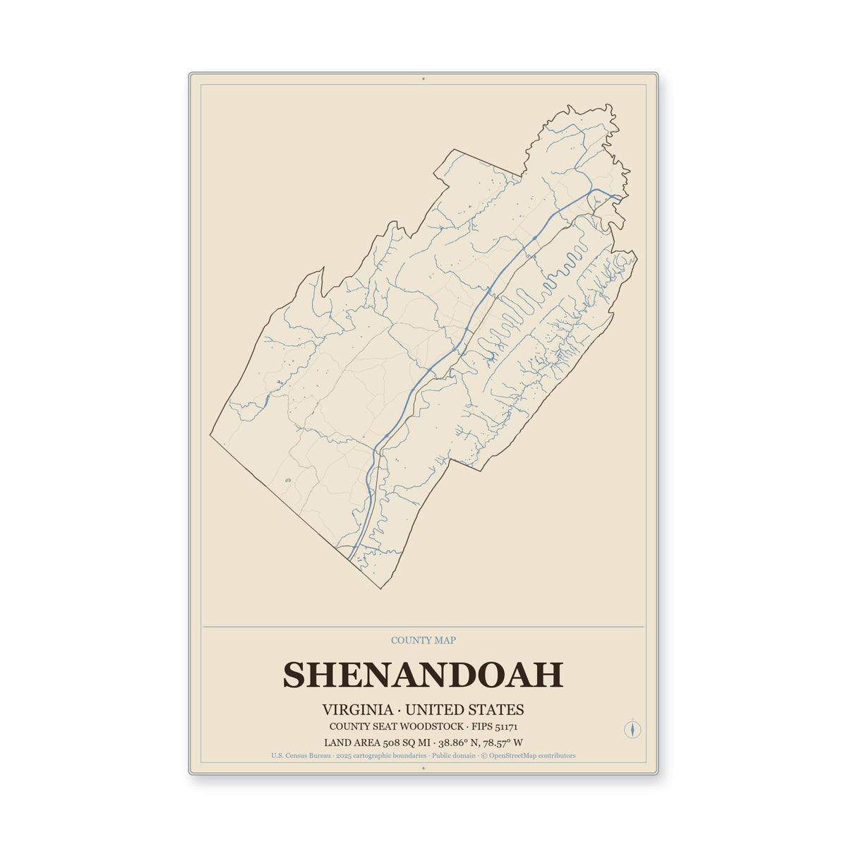 Shenandoah County, Virginia Map Aluminum Sign in Heritage Nautical style