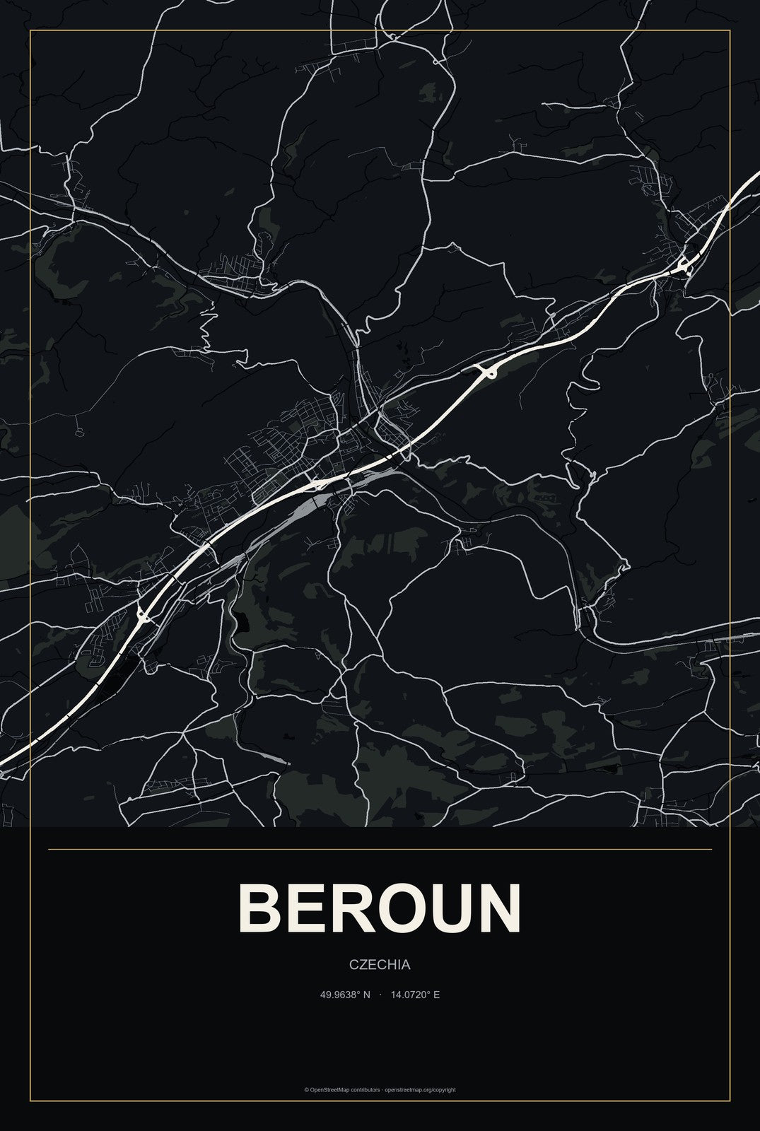 Beroun, Czechia City Map Aluminum Sign in Metropolitan Noir style