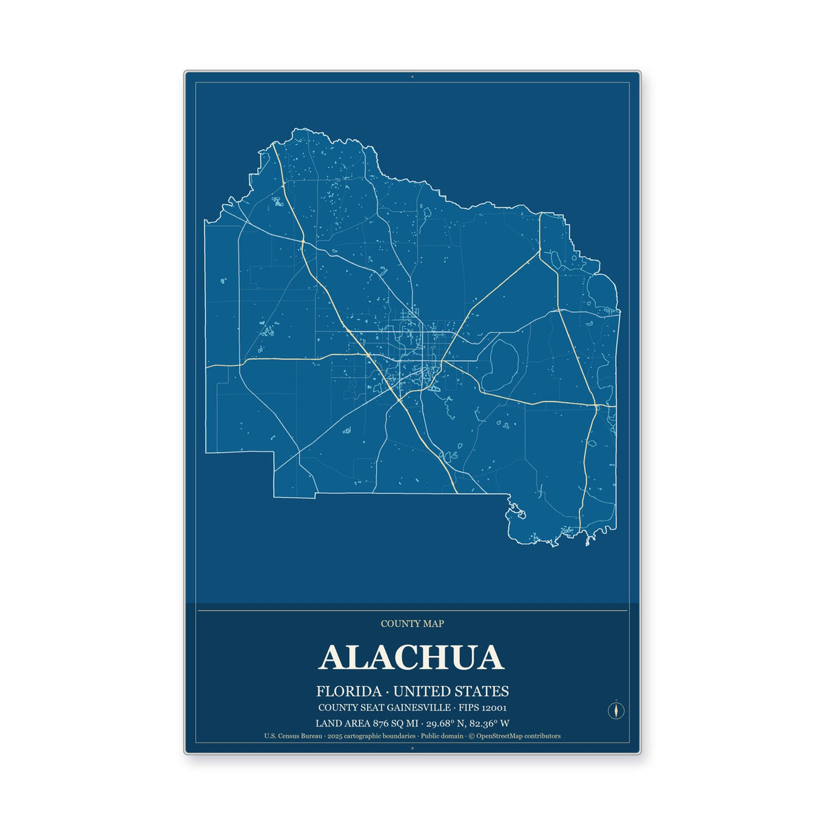 Alachua County, Florida Map Aluminum Sign in Harbor Cobalt style