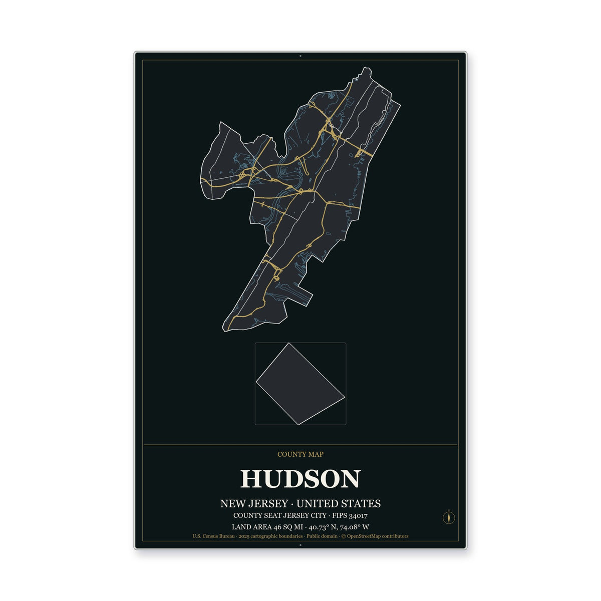 Hudson County, New Jersey Map Aluminum Sign in Metropolitan Noir style