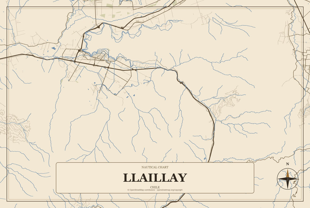 Llaillay, Chile City Map Aluminum Sign in Heritage Nautical style