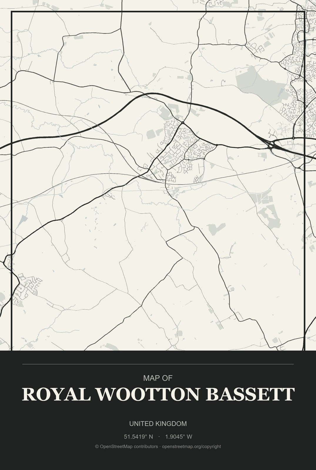 Royal Wootton Bassett, United Kingdom City Map Aluminum Sign in Museum Plaque style