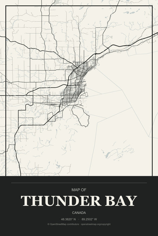 Thunder Bay, Canada City Map Aluminum Sign in Museum Plaque style