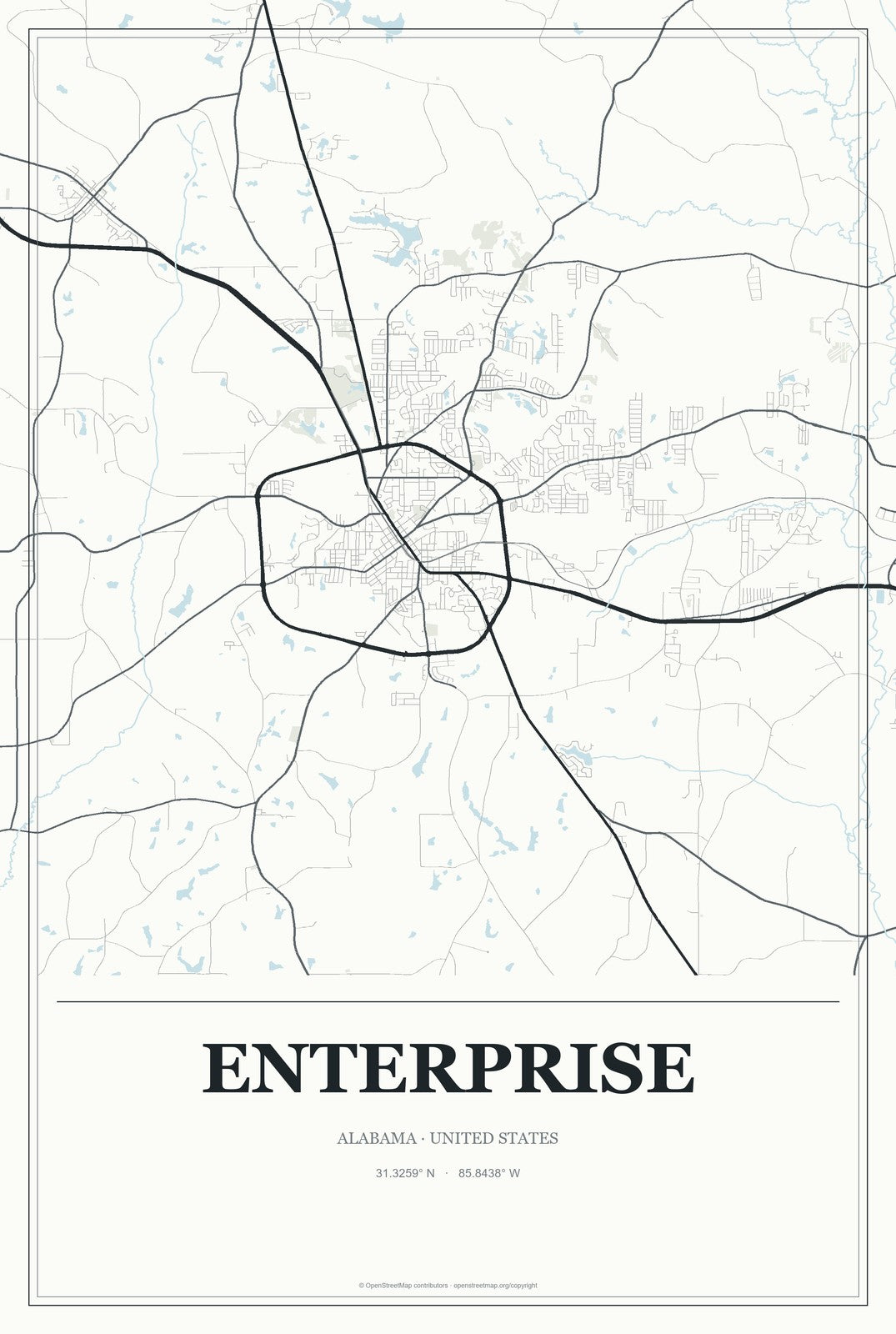 Enterprise, Alabama City Map Aluminum Sign in Gallery Air style