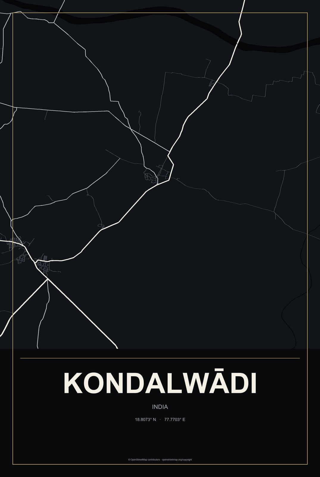 Kondalwādi, India City Map Aluminum Sign in Metropolitan Noir style