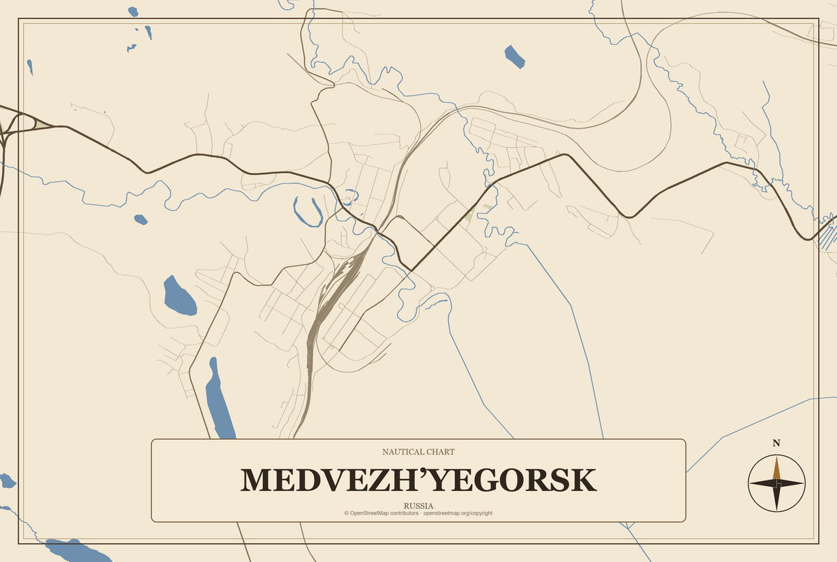 Medvezh’yegorsk, Russia City Map Aluminum Sign in Heritage Nautical style