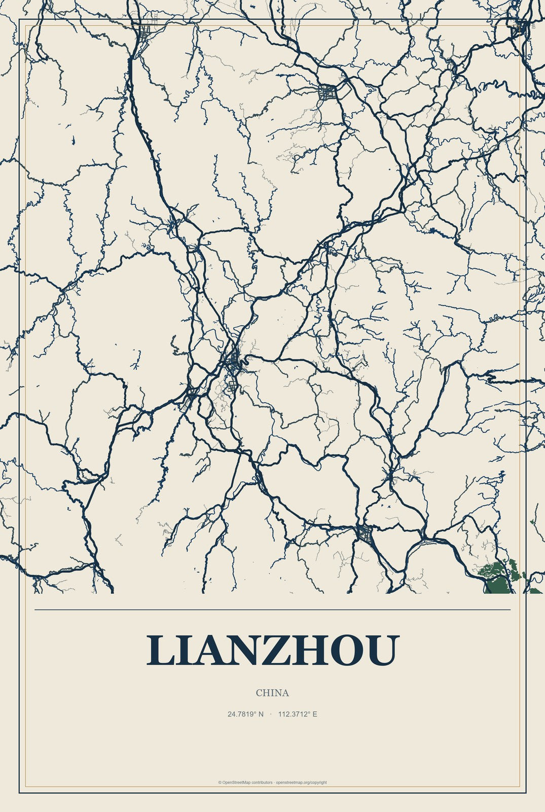 Lianzhou, China City Map Aluminum Sign in Coastal Cutout style