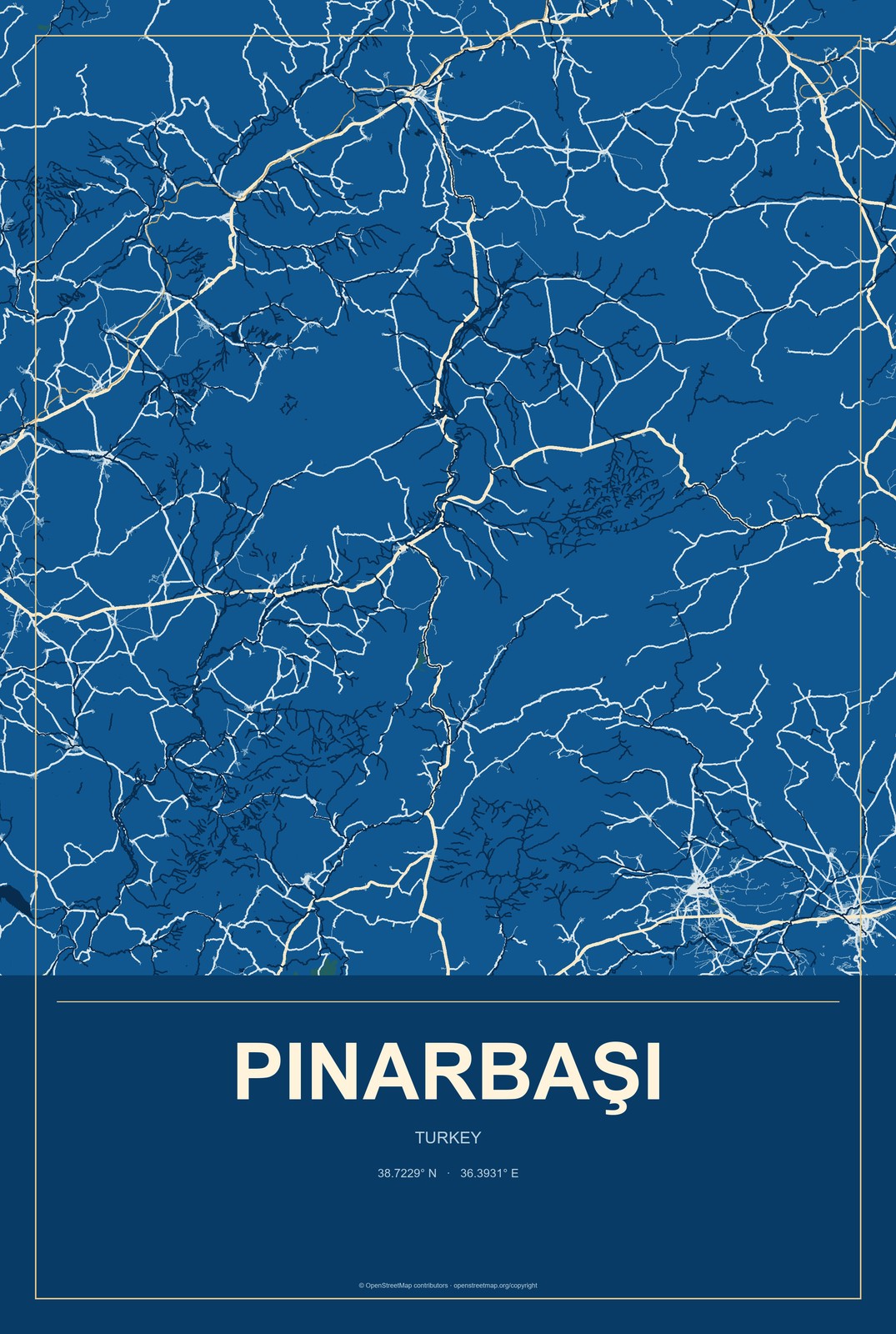 Pınarbaşı, Kayseri, Turkey City Map Aluminum Sign in Harbor Cobalt style
