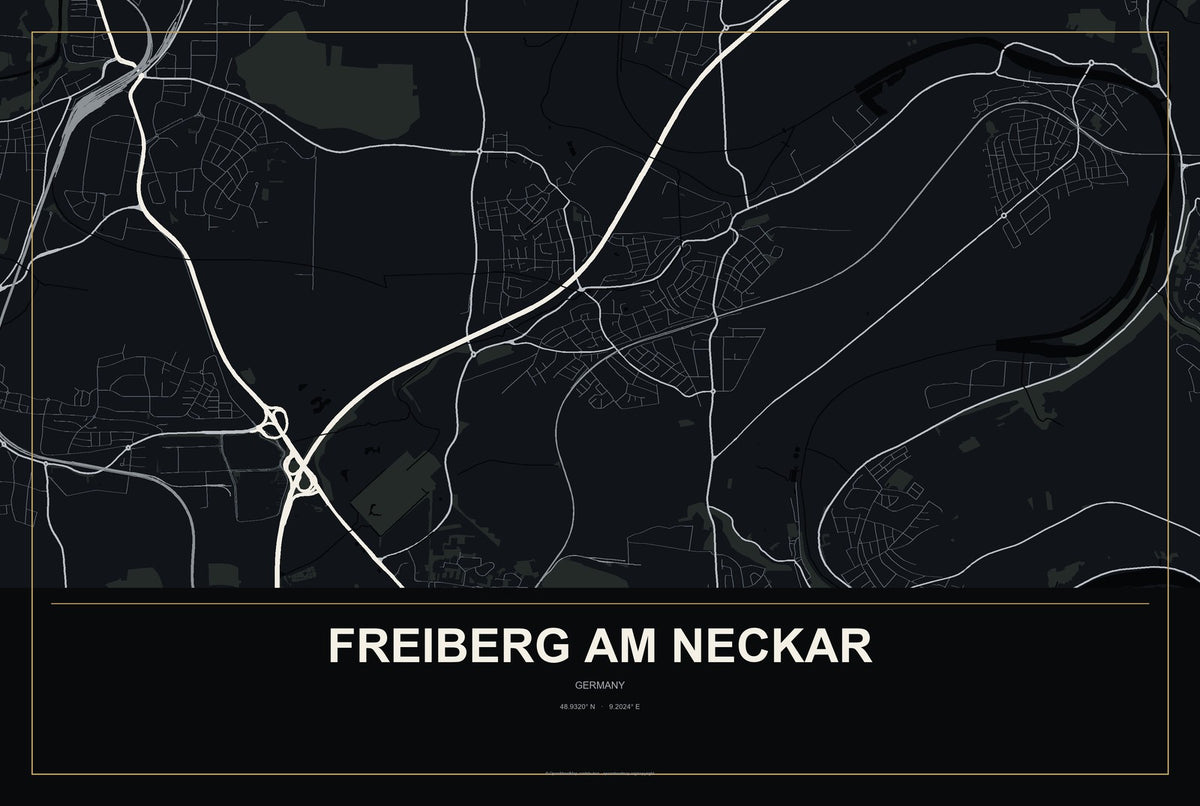 Freiberg am Neckar, Germany City Map Aluminum Sign in Metropolitan Noir style