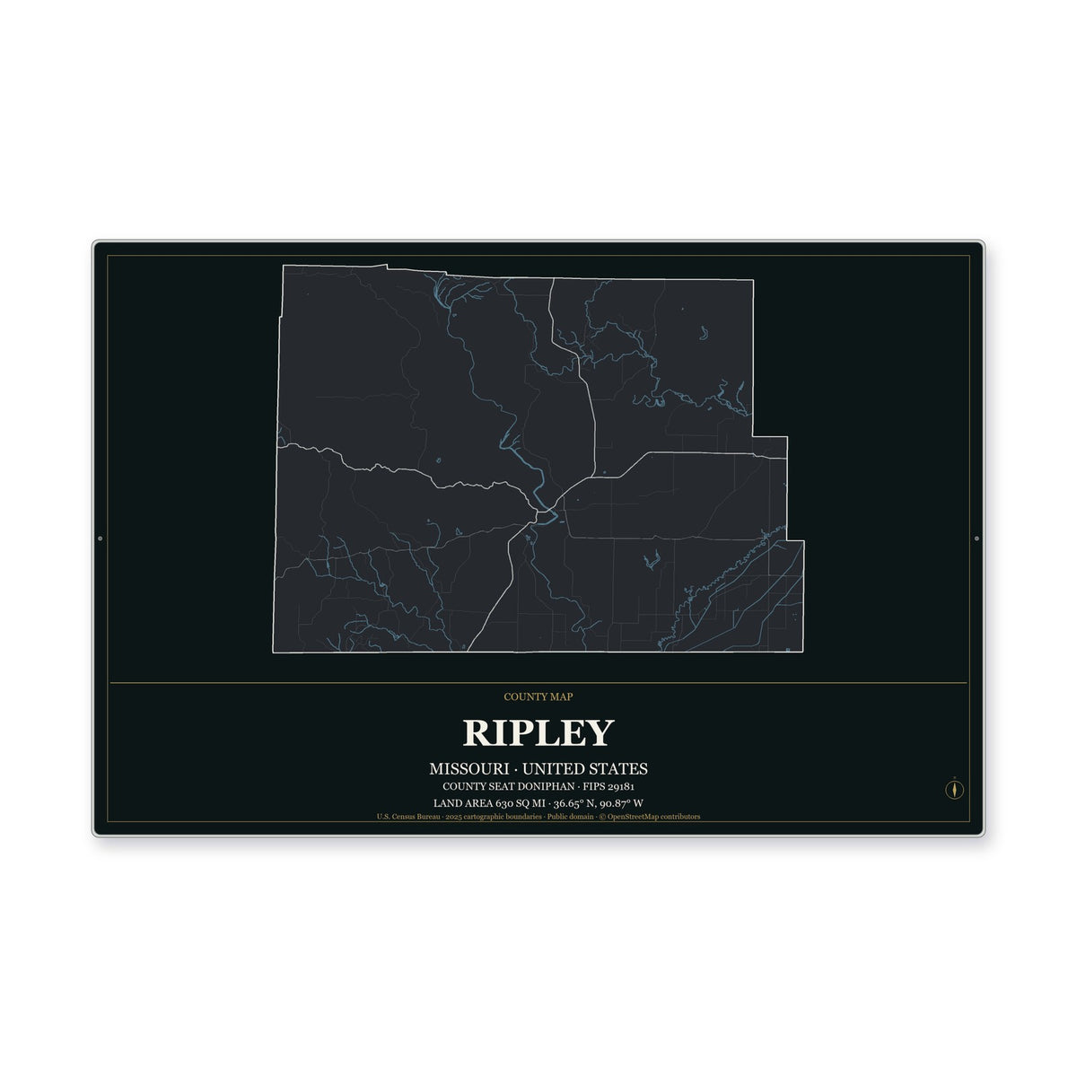 Ripley County, Missouri Map Aluminum Sign in Metropolitan Noir style