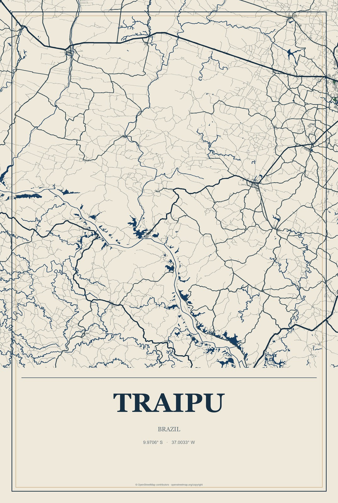 Traipu, Brazil City Map Aluminum Sign in Coastal Cutout style