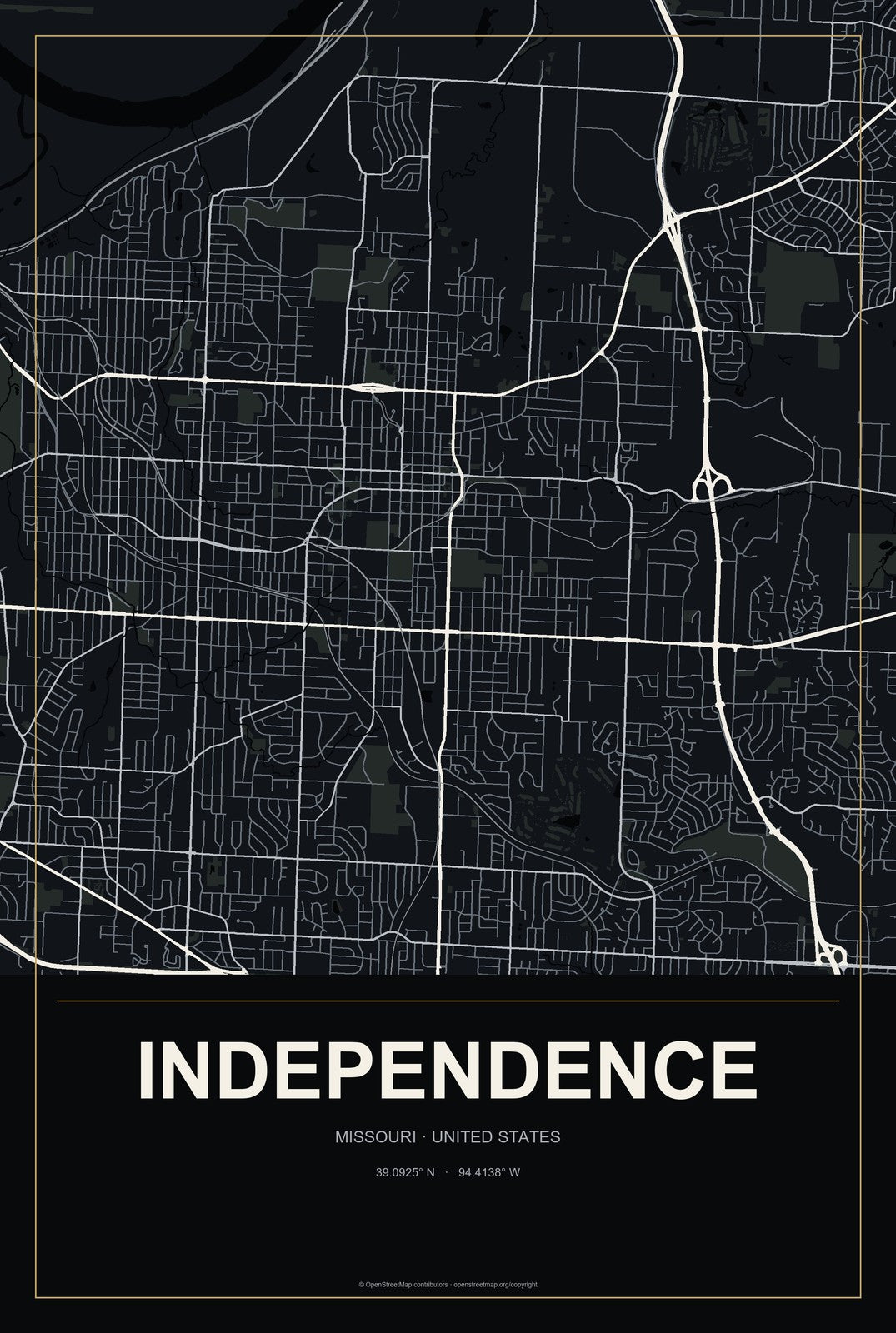 Independence, Missouri City Map Aluminum Sign in Metropolitan Noir style