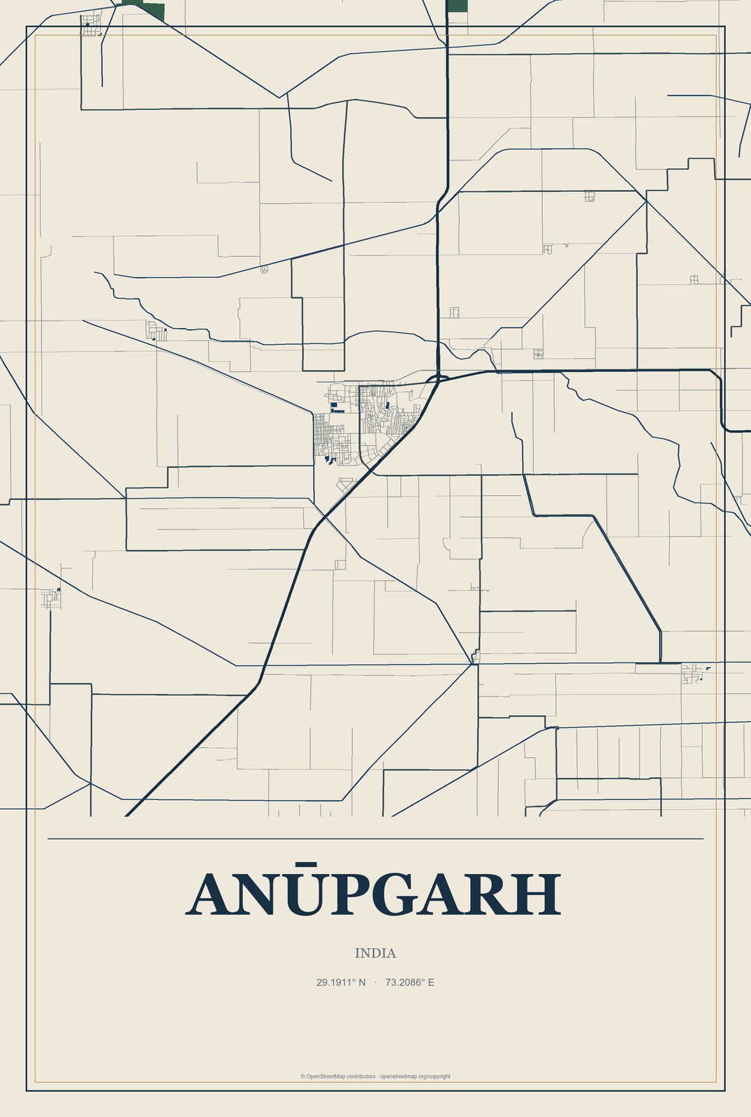 Anūpgarh, India City Map Aluminum Sign in Coastal Cutout style