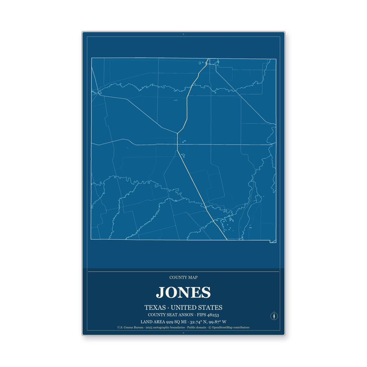 Jones County, Texas Map Aluminum Sign in Harbor Cobalt style