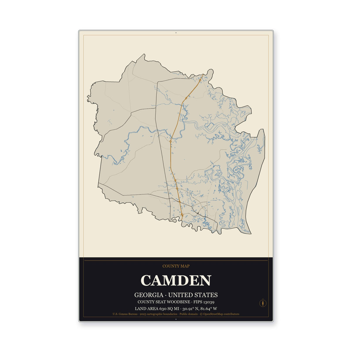 Camden County, Georgia Map Aluminum Sign in Museum Plaque style