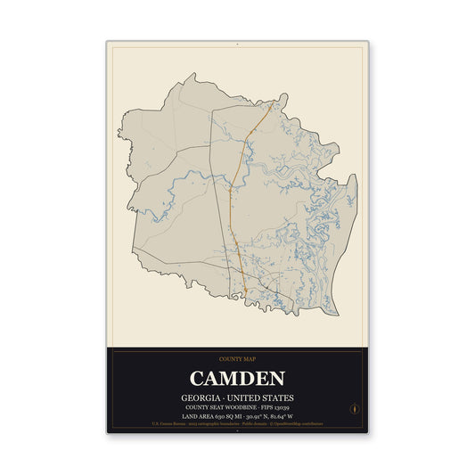 Camden County, Georgia Map Aluminum Sign in Museum Plaque style