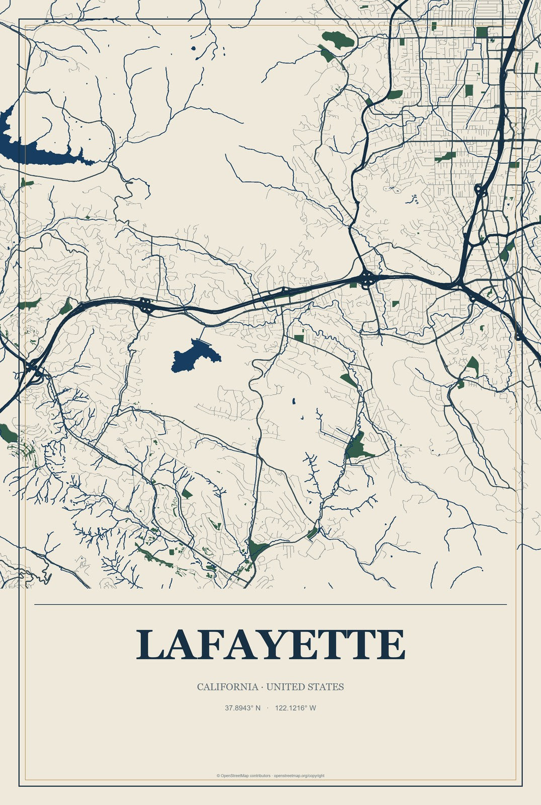 Lafayette, California City Map Aluminum Sign in Coastal Cutout style