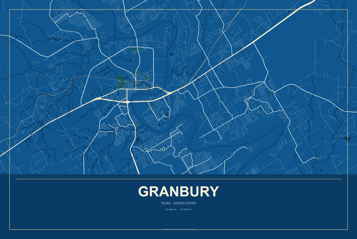 Granbury, Texas City Map Aluminum Sign in Harbor Cobalt style