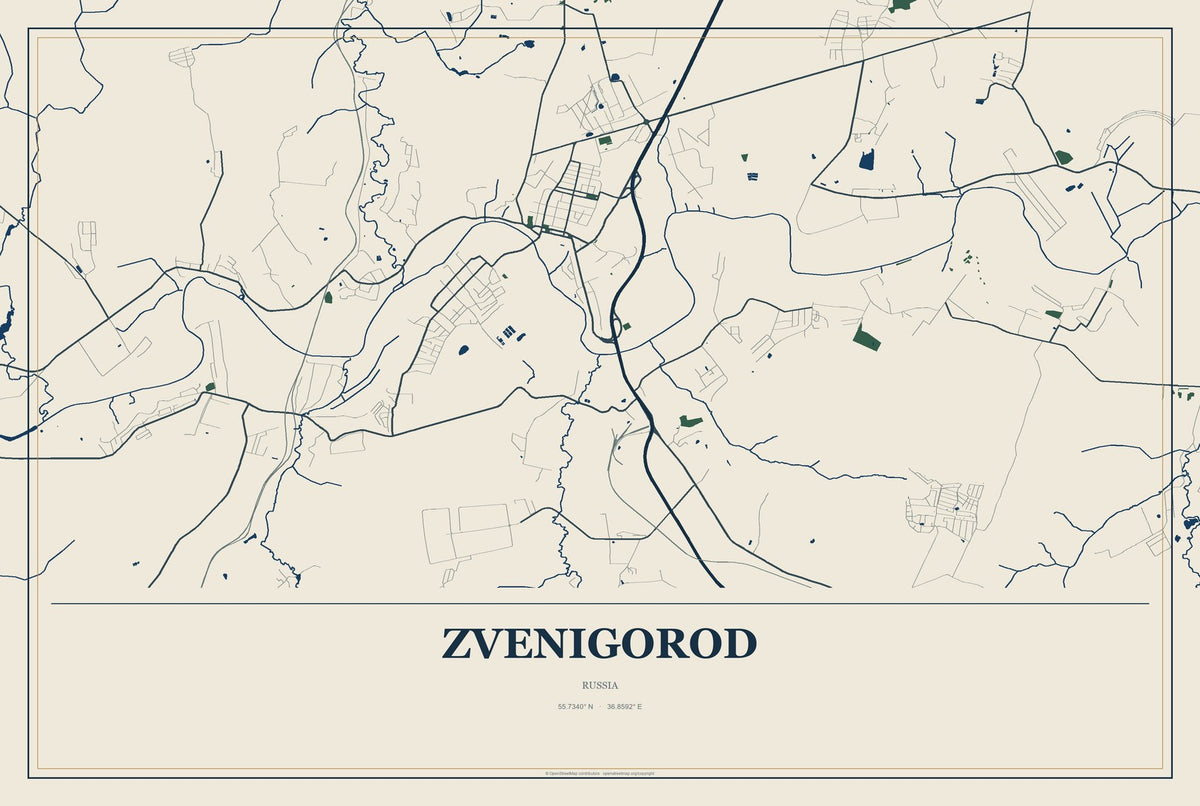 Zvenigorod, Russia City Map Aluminum Sign in Coastal Cutout style