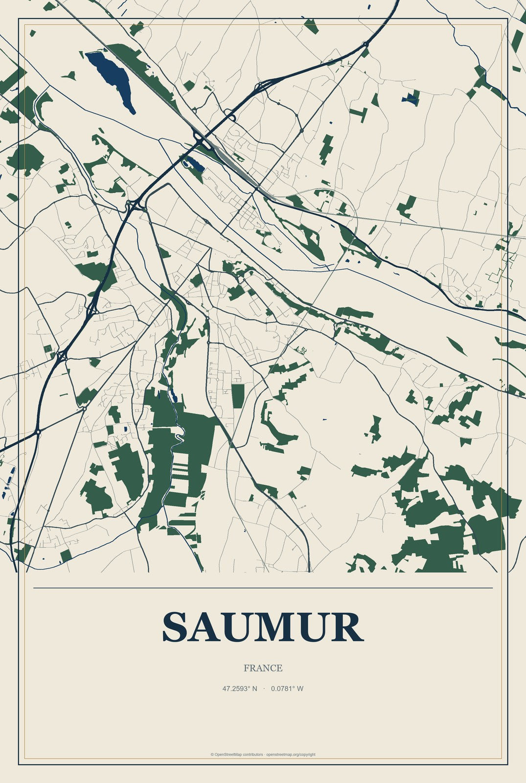 Saumur, France City Map Aluminum Sign in Coastal Cutout style