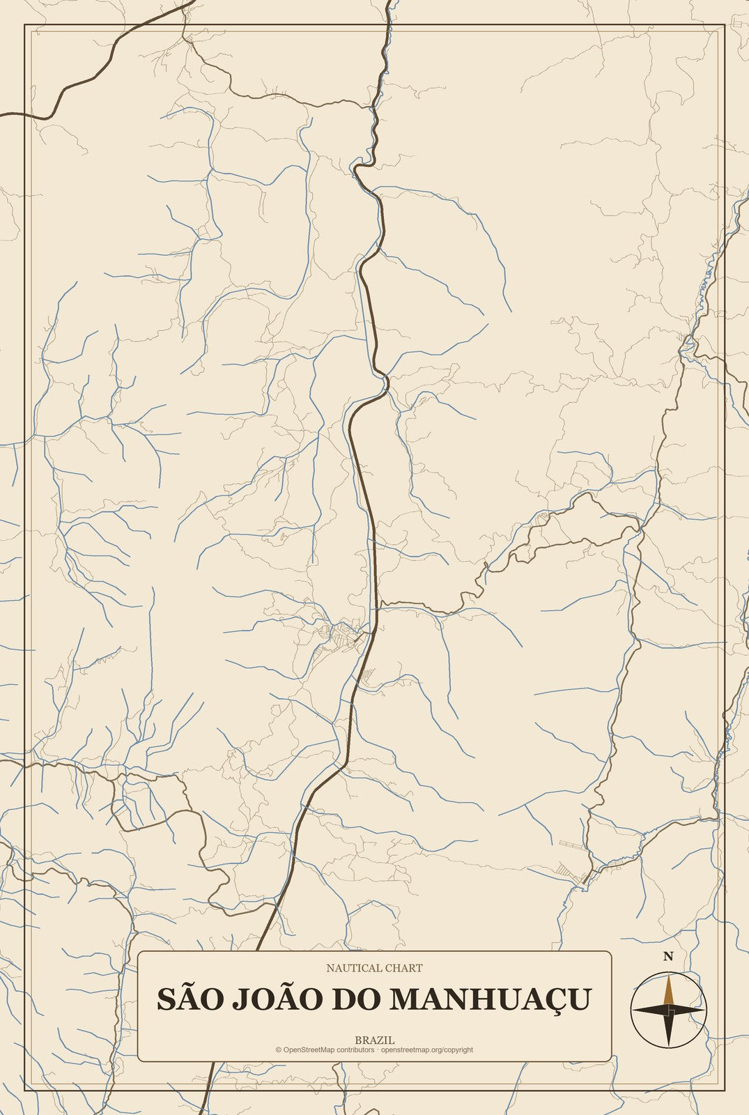 São João do Manhuaçu, Brazil City Map Aluminum Sign in Heritage Nautical style