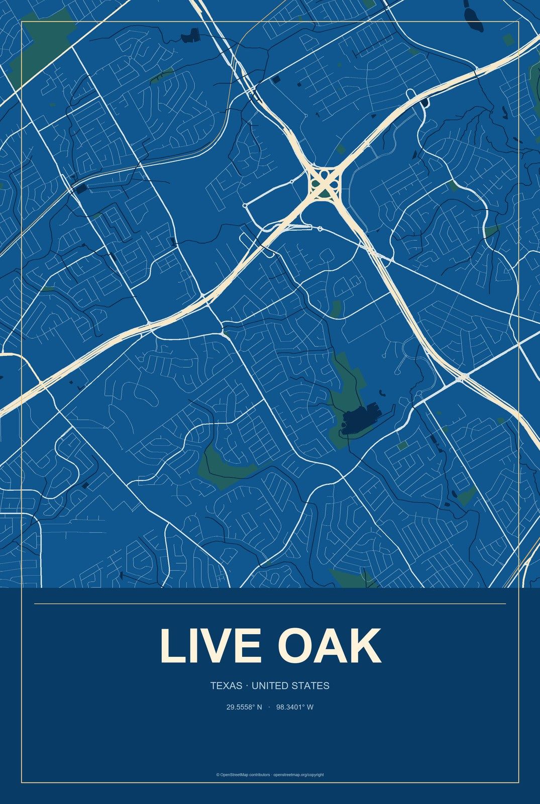 Live Oak, Texas City Map Aluminum Sign in Harbor Cobalt style
