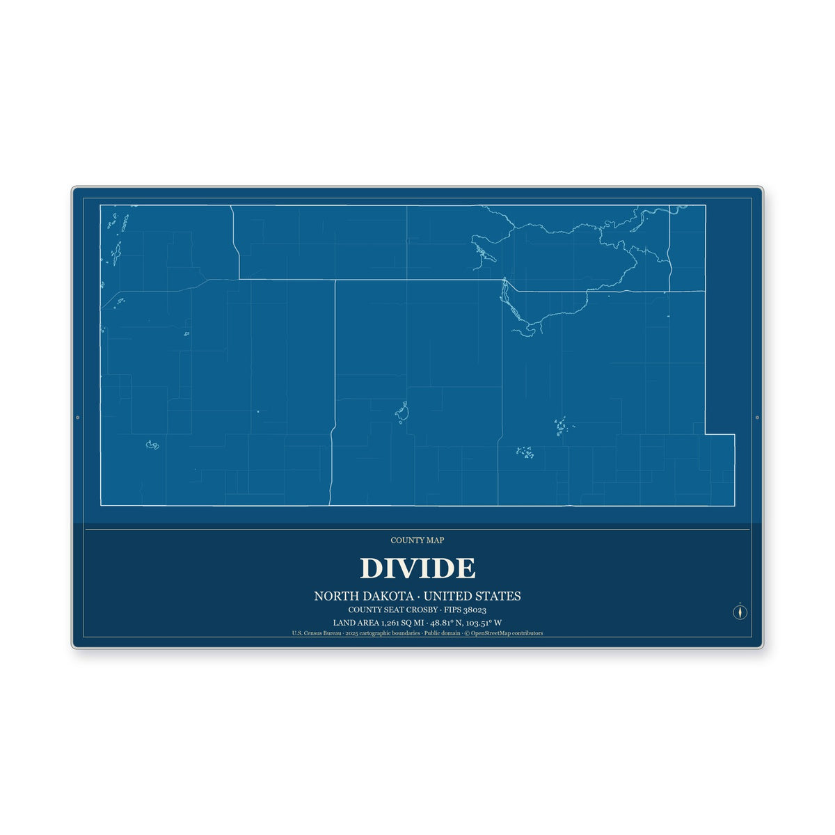 Divide County, North Dakota Map Aluminum Sign in Harbor Cobalt style