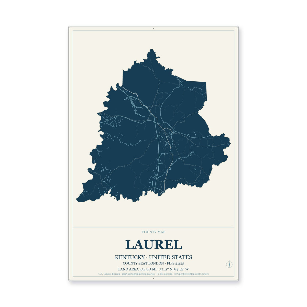 Laurel County, Kentucky Map Aluminum Sign in Coastal Cutout style