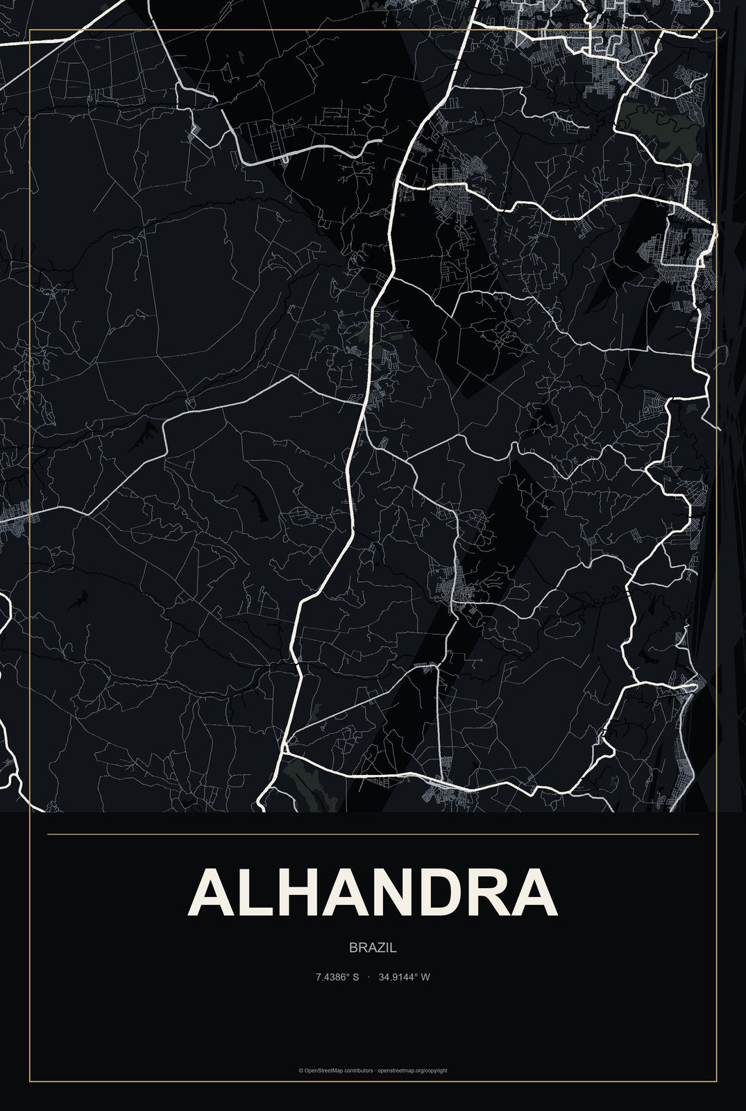 Alhandra, Brazil City Map Aluminum Sign in Metropolitan Noir style