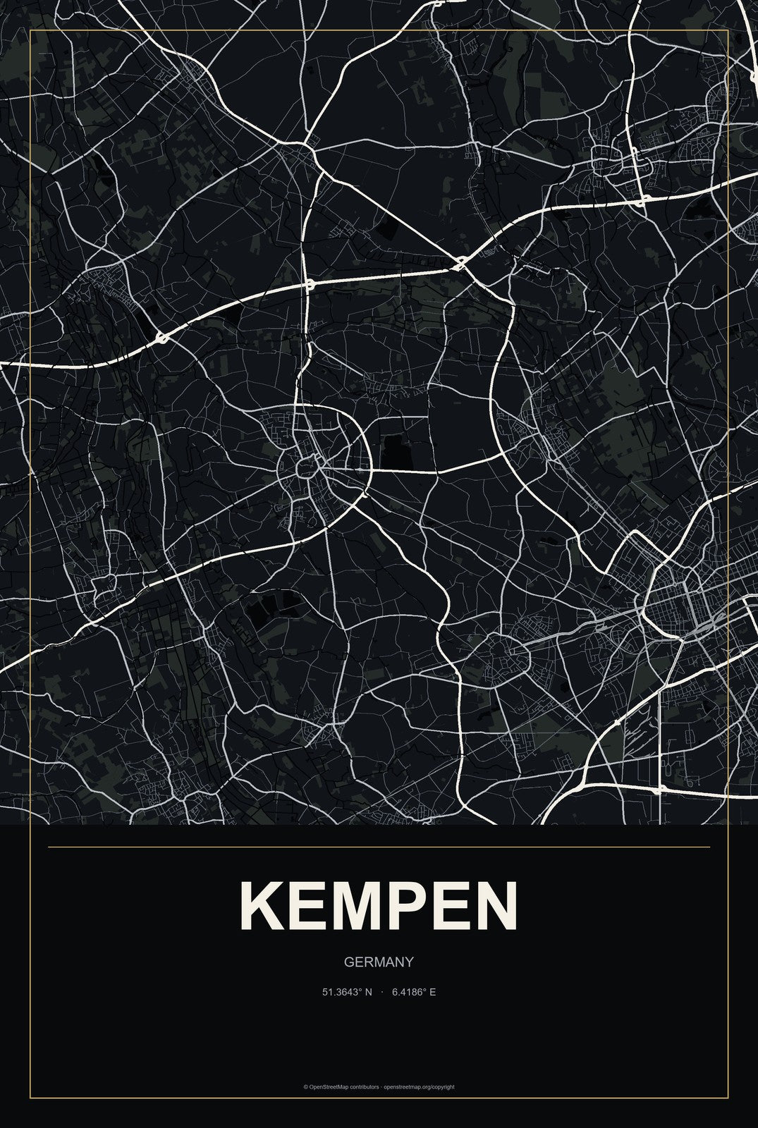 Kempen, Germany City Map Aluminum Sign in Metropolitan Noir style