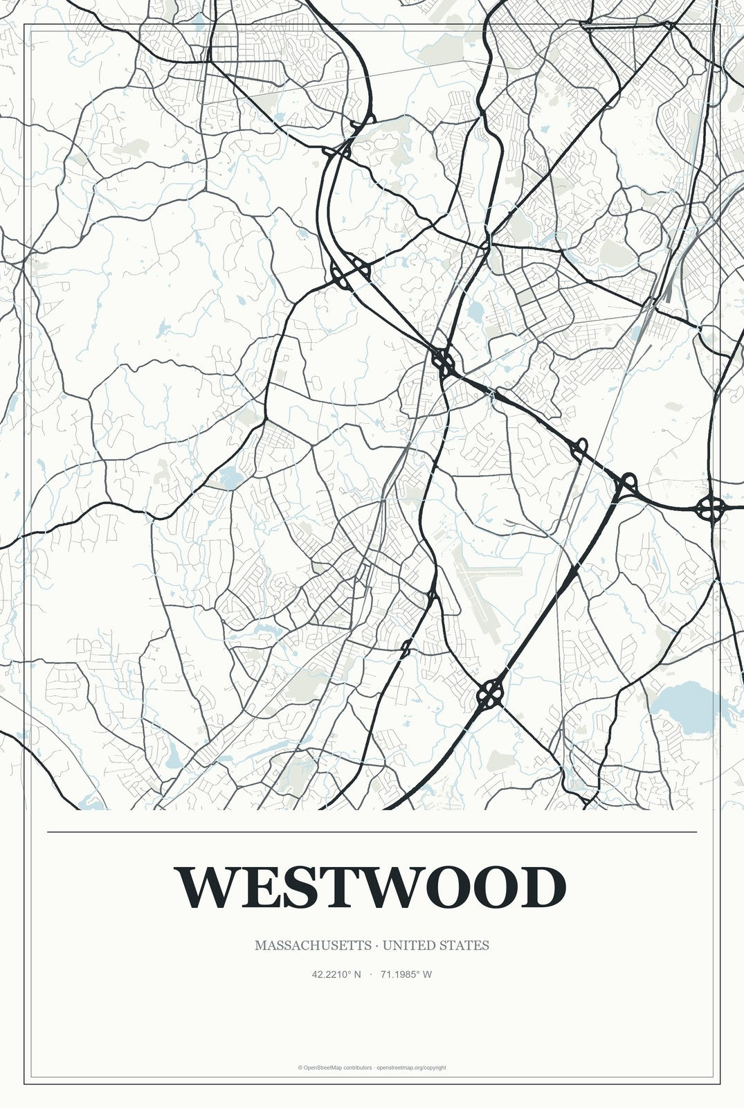 Westwood, Massachusetts City Map Aluminum Sign in Gallery Air style