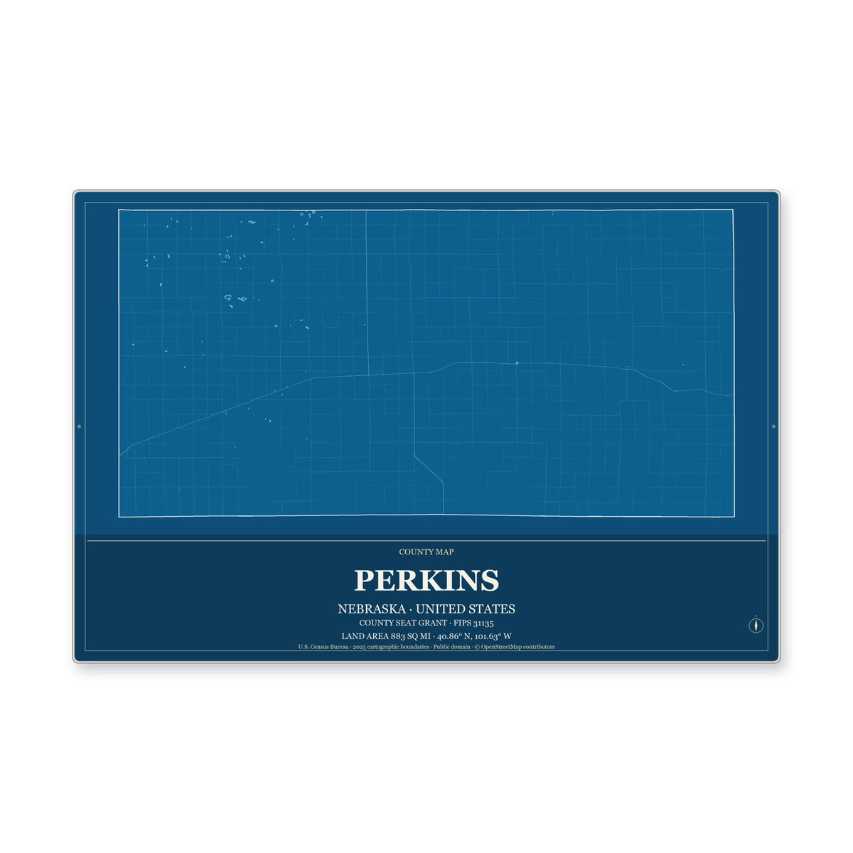 Perkins County, Nebraska Map Aluminum Sign in Harbor Cobalt style