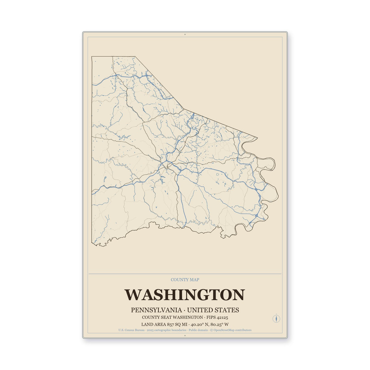 Washington County, Pennsylvania Map Aluminum Sign in Heritage Nautical style