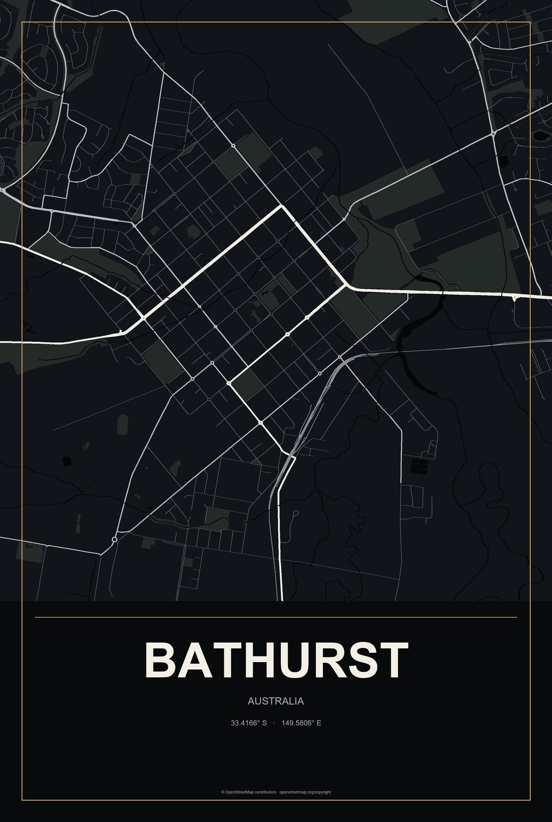 Bathurst, Australia City Map Aluminum Sign in Metropolitan Noir style