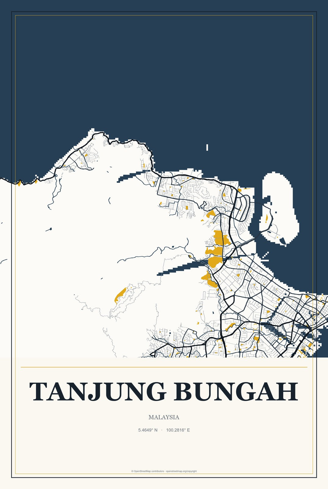Tanjung Bungah, Malaysia City Map Aluminum Sign in Citrine Modern style