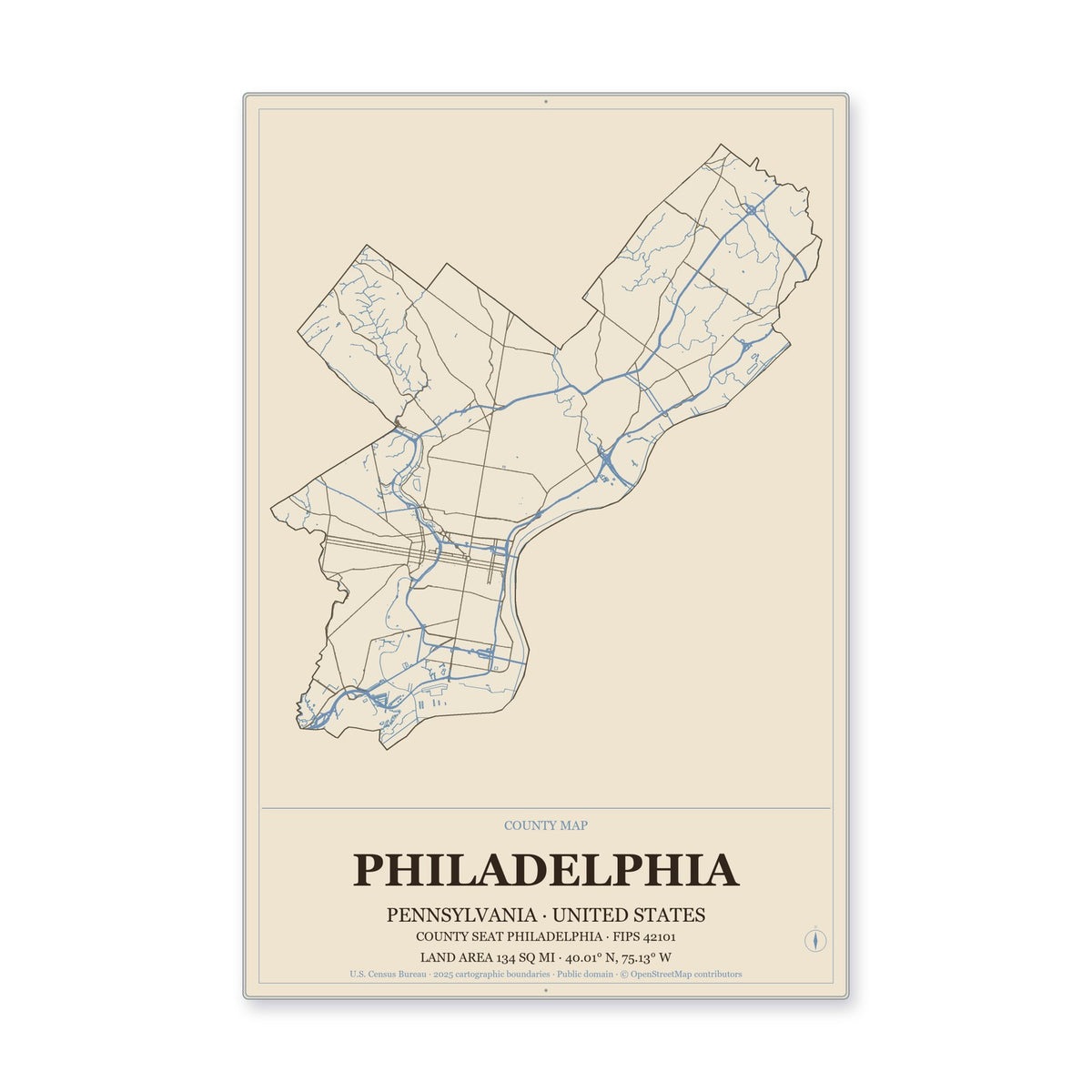 Philadelphia County, Pennsylvania Map Aluminum Sign in Heritage Nautical style