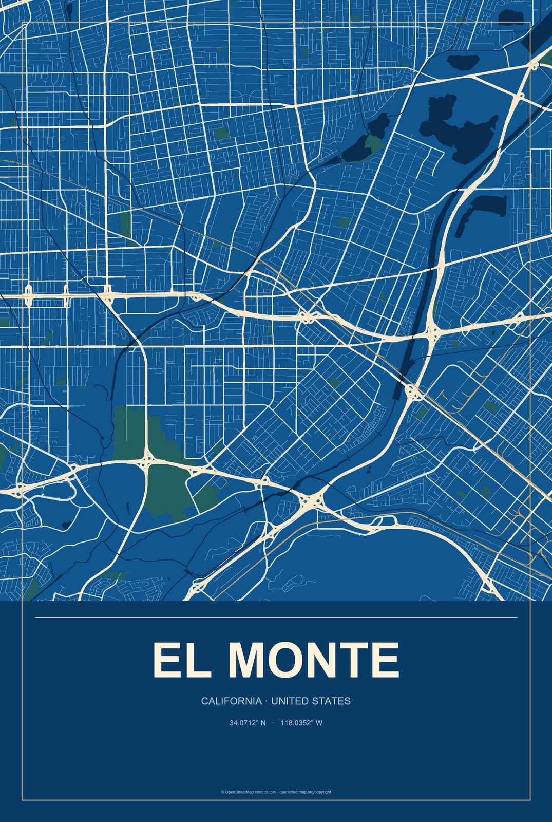 El Monte, California City Map Aluminum Sign in Harbor Cobalt style