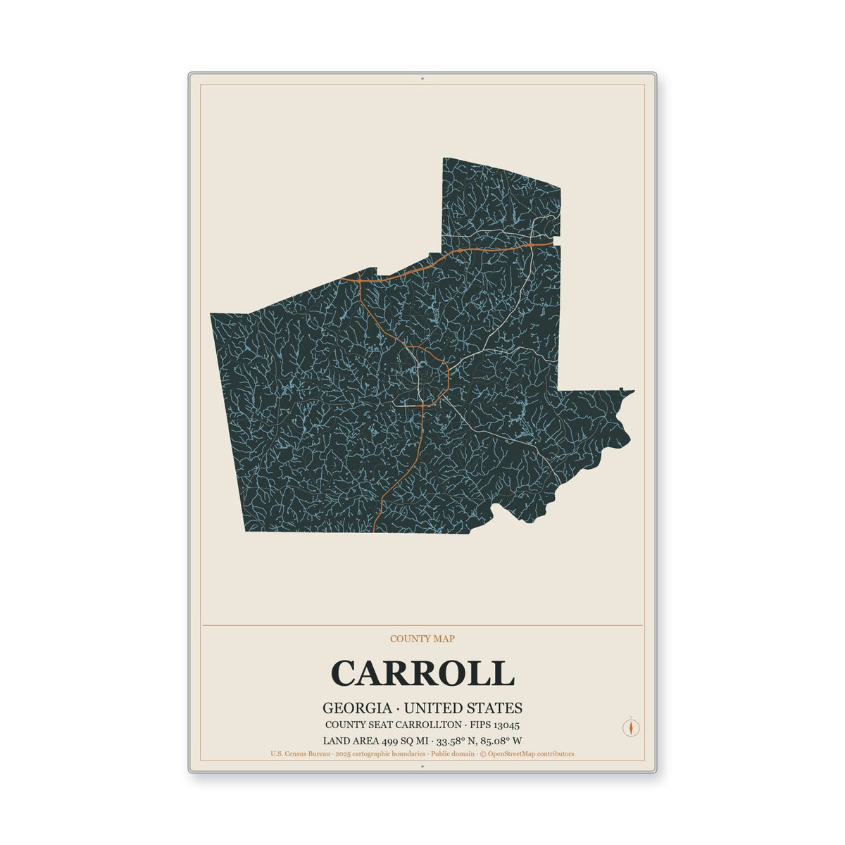 Carroll County, Georgia Map Aluminum Sign in Headline Atlas style