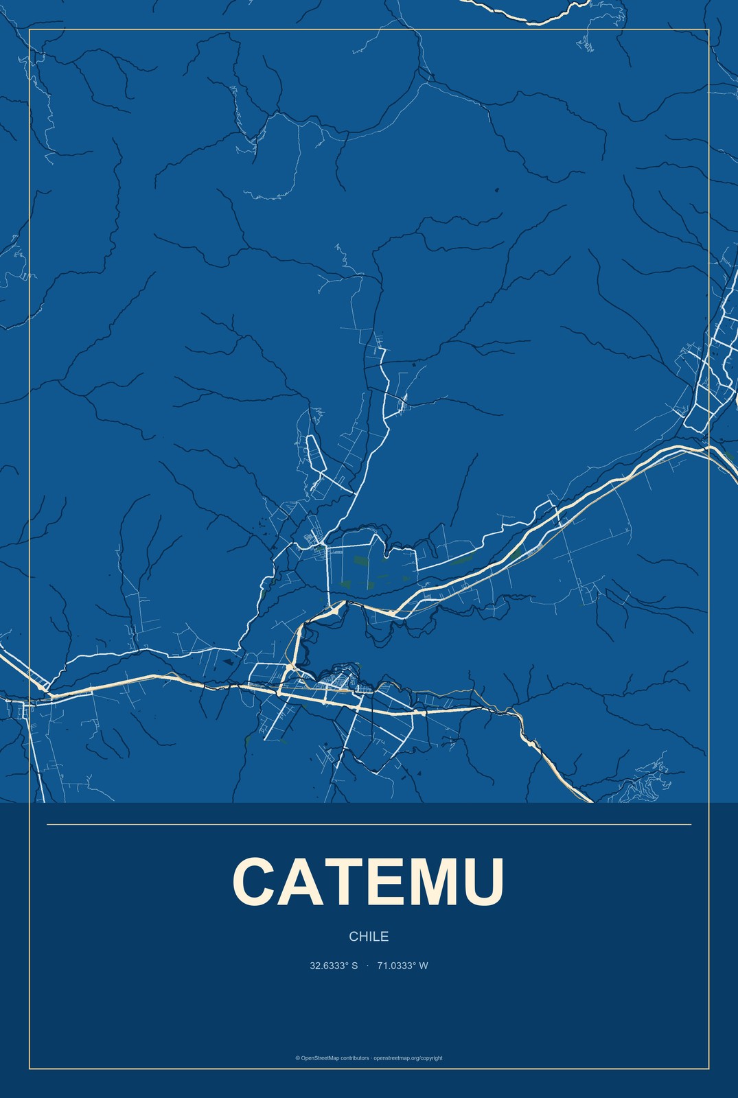 Catemu, Chile City Map Aluminum Sign in Harbor Cobalt style