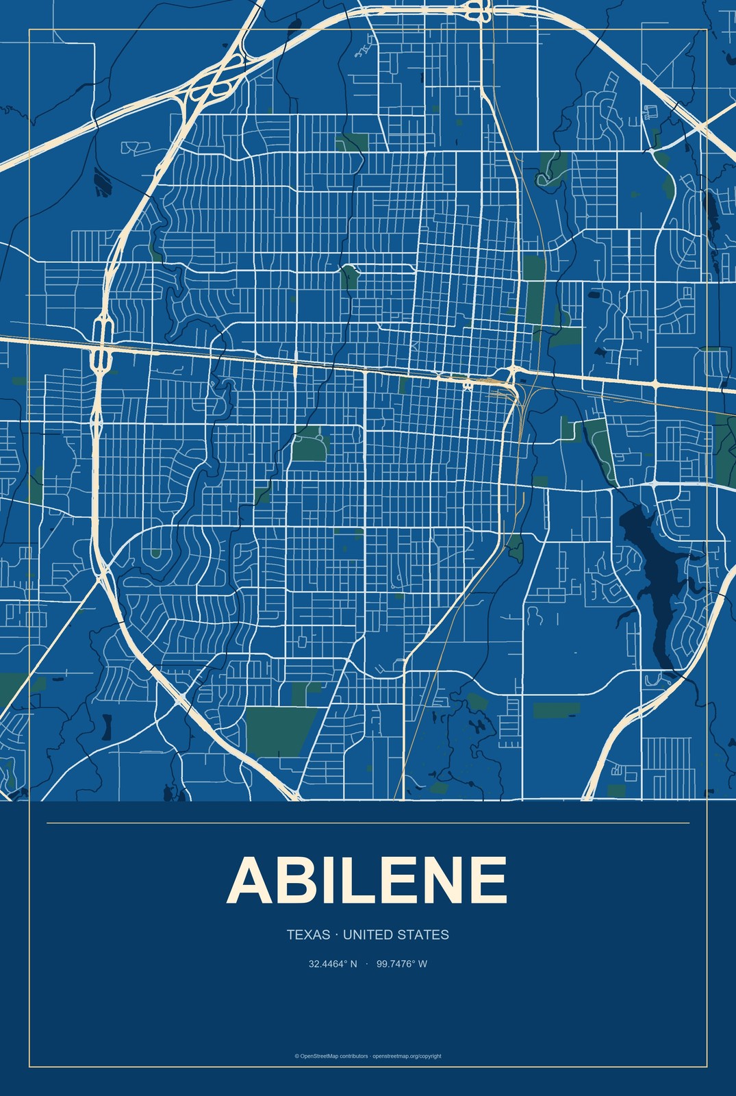 Abilene, Texas City Map Aluminum Sign in Harbor Cobalt style